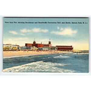View From Pier Boardwalk Beachfront Hotel Linen Postcard Asbury Park New Jersey